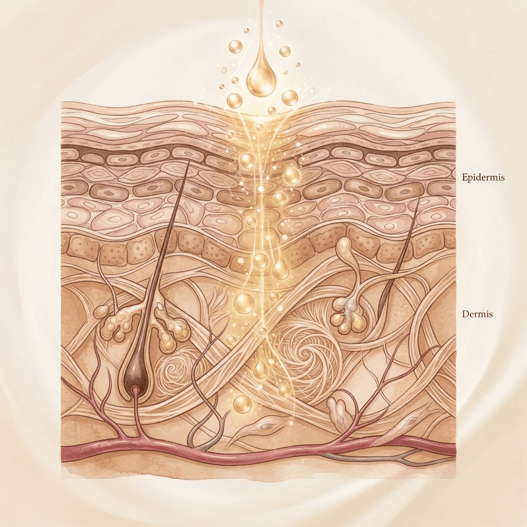 Cross-section illustration of skin layers showing actives absorbing from the surface into the dermis