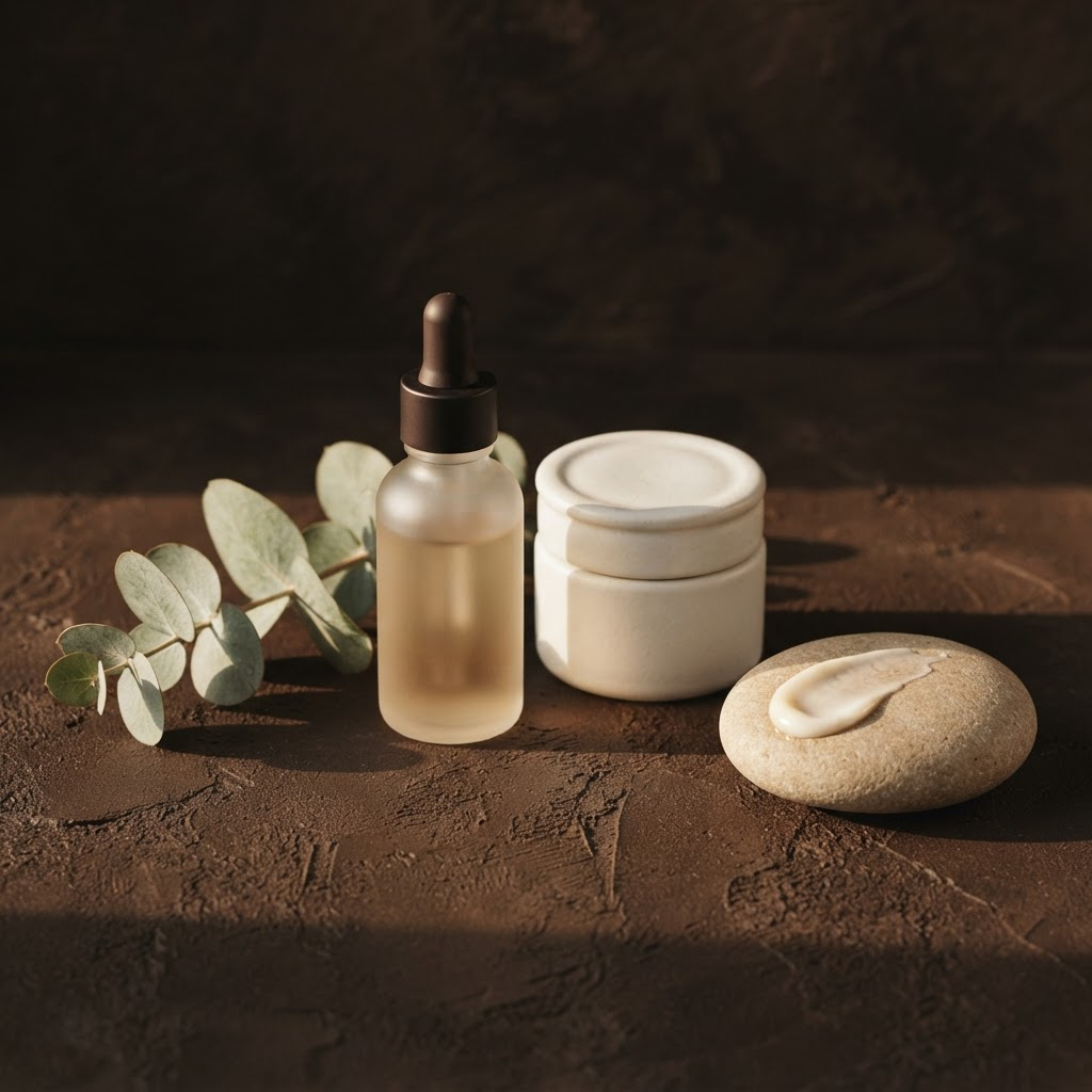 VANA serum and cream arranged on a warm espresso surface