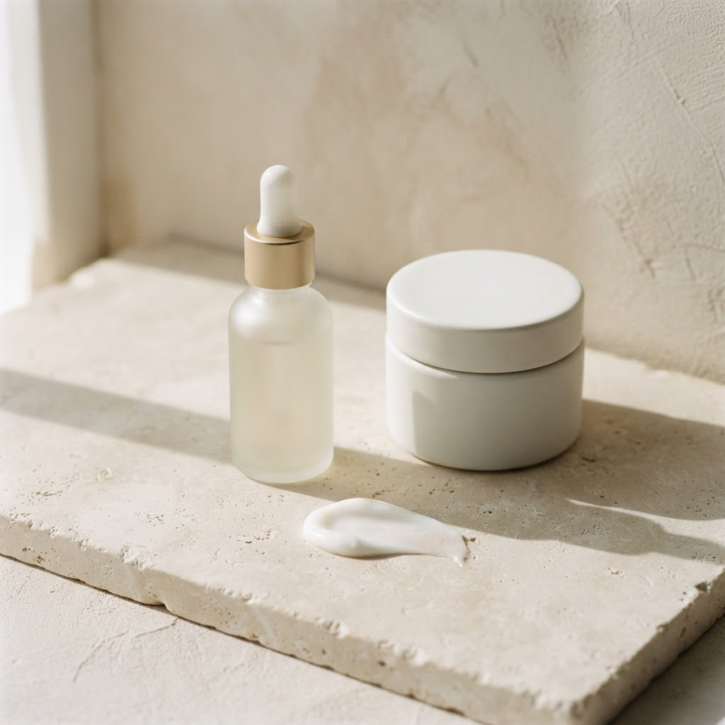VANA serum and crème arranged on a warm plaster surface in soft morning light